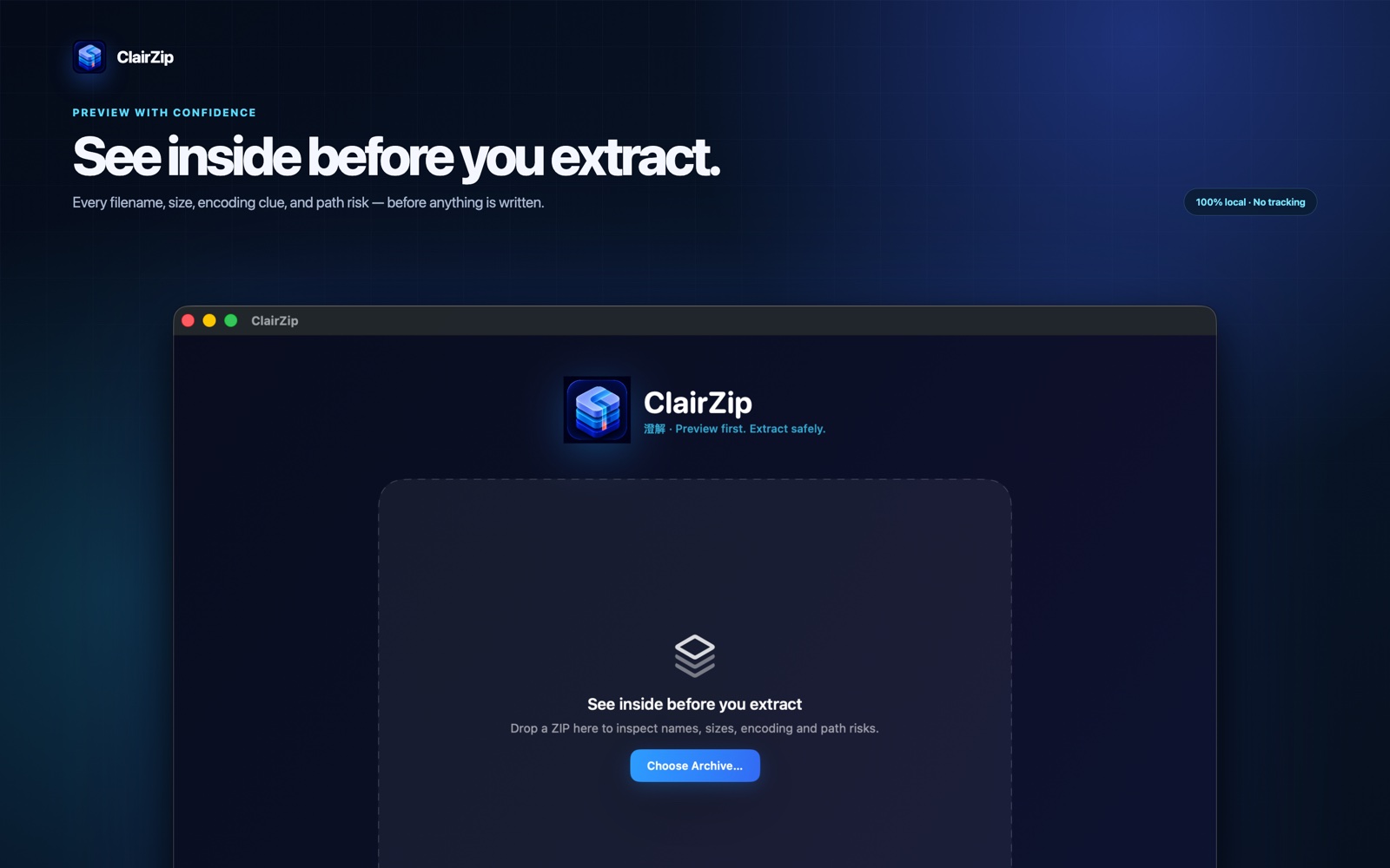 ClairZip archive preview interface